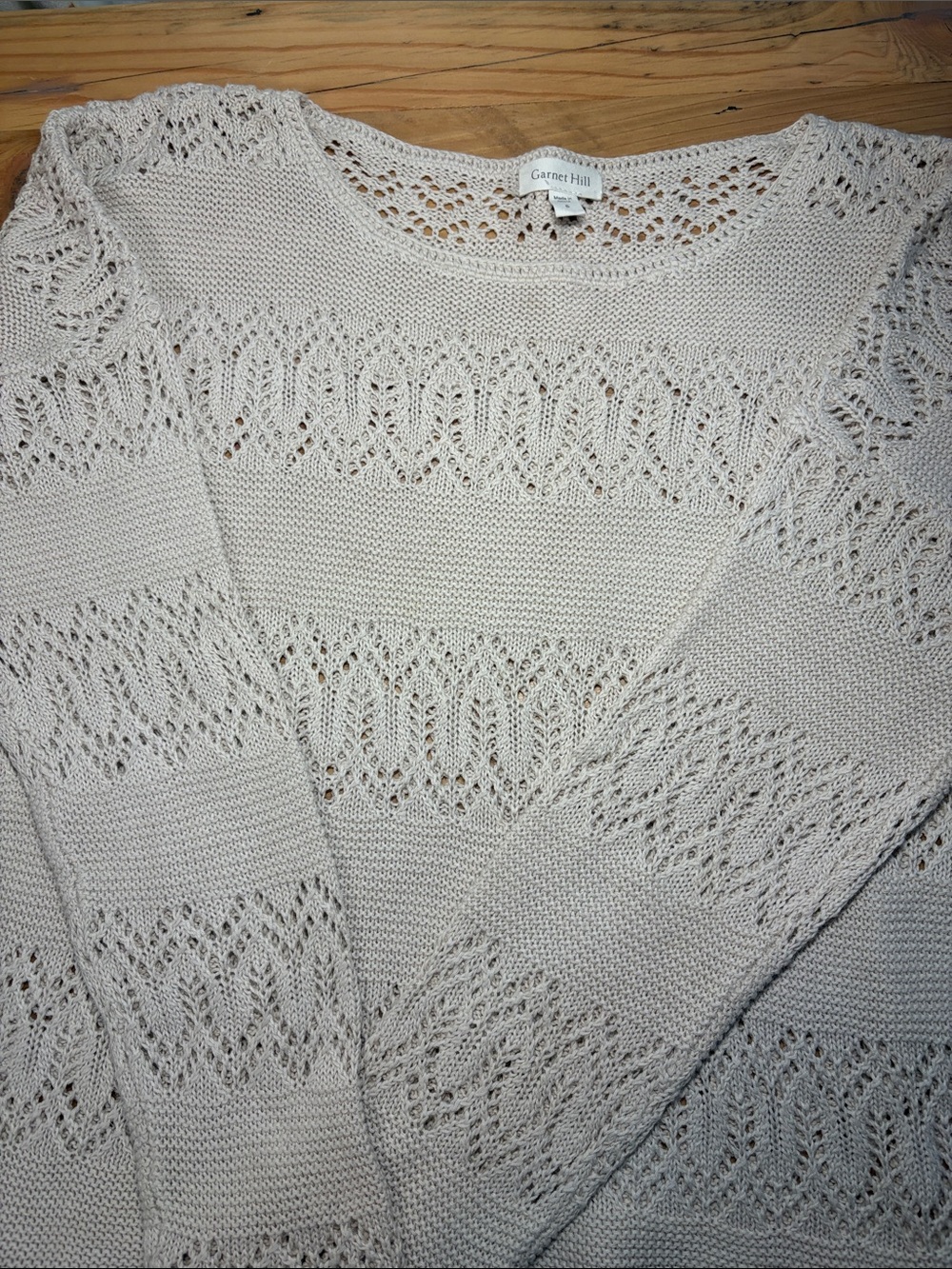 Garnet Hill Light Cream Lace-Pattern Scoop Neck Sweater